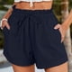 thumbnail image 2 of Pantalones cortos de mujer con cintura elástica, pantalones cortos con volantes, dobladillo enrollado con cordón, pantalones casuales, pantalones de verano de color puro, 2 of 5