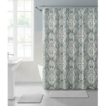 Serafina Home Grey White Fabric Shower Curtain: Diamond Floral Damask Design