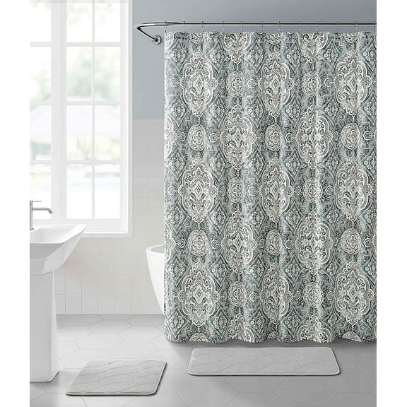 Serafina Home Grey White Fabric Shower Curtain: Diamond Floral Damask Design