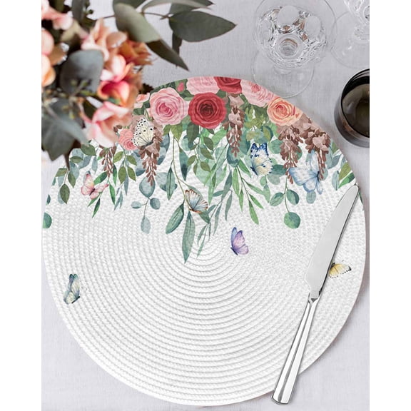 15 Inch Round Placemats Set of 4, Watercolor Roses Non Slip Heat Insulation PP Table Mats, Spring Flowers Leaves Butterflies Botanical Washable Place Mats for Kitchen Dining Party Table Decor