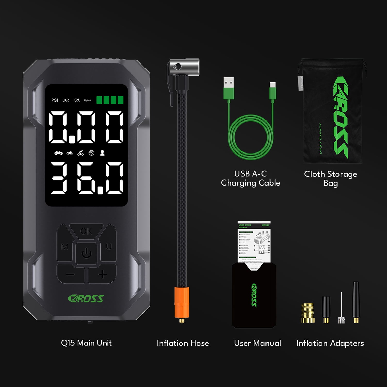 CAROSS Combo 150-PSI Portable Air Compressor and 7,500-mAh Portable Power Bank with Digital Display, LED Light, Adapter Nozzles, and Cloth Bag