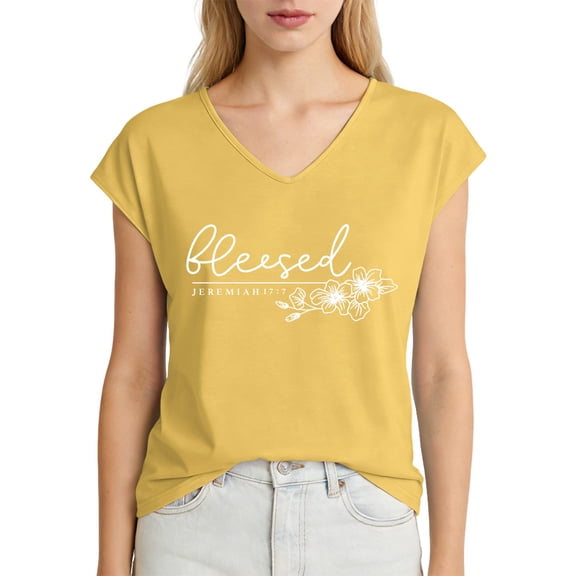 Christian Shirt for Women Blessed Letter Print Bible Verse Womens T Shirts, Short Sleeve V-Neck Shirts Cute Fit Summer Casual Tee Tops Dopamine Color Daisy Yellow 5XL
