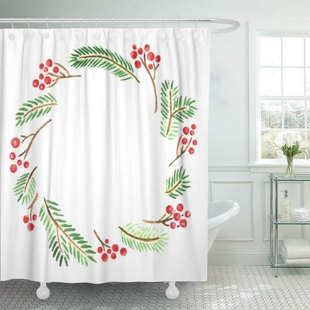 Mary Berry Christmas Lights Bath PKNMT Green Branch Watercolor Christmas Wreath of Fir Tree Branches and Holly Berries Red Shower Curtain Bath Curtain 66x72 inch ()