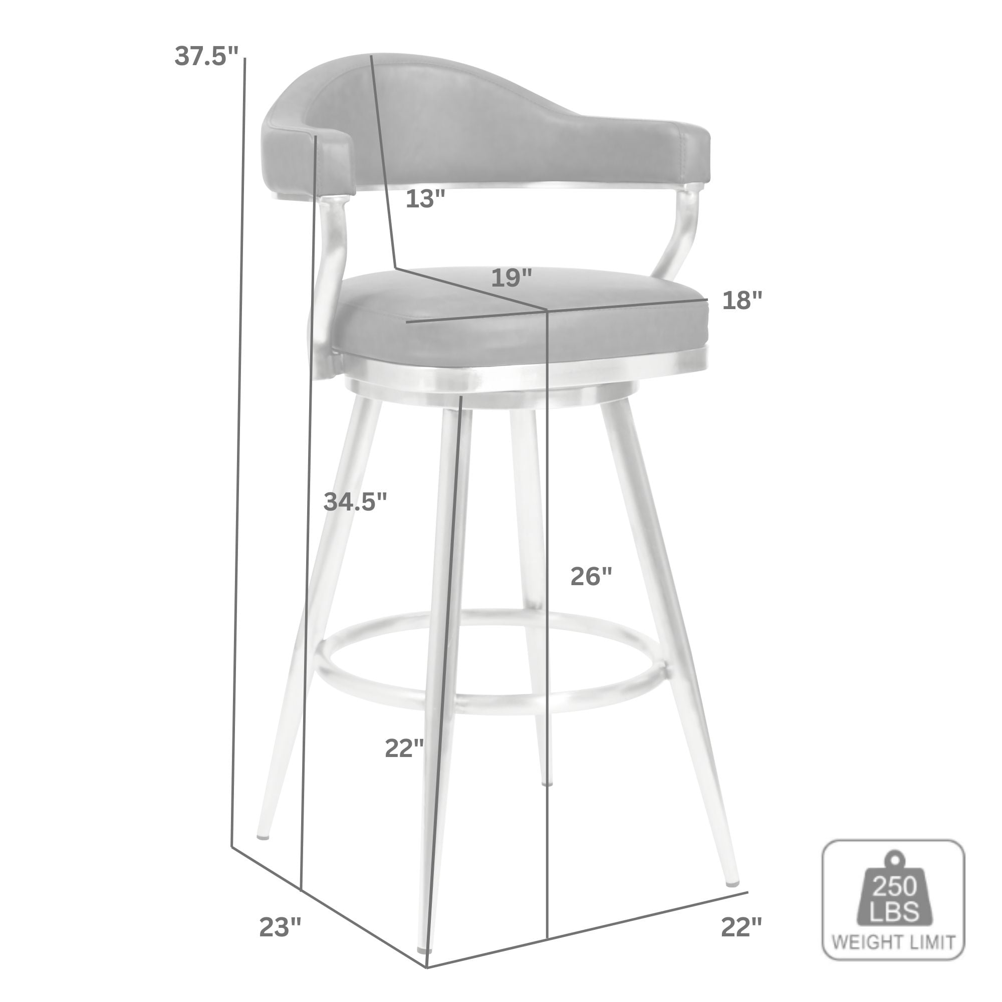 Armen Living Indoor Amador 26" Counter Height Barstool in Brushed Stainless Steel and Vintage Gray Faux Leather