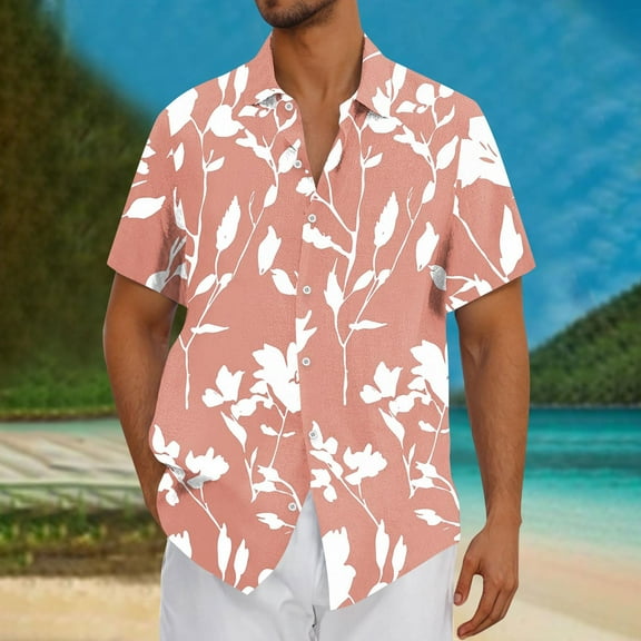 Zylanna Men's Hawaiian Shirts, Short Sleeve Quickly Dry Turndown Collar Casual Summer Beach Button Down Shirts Pink Size 4XL