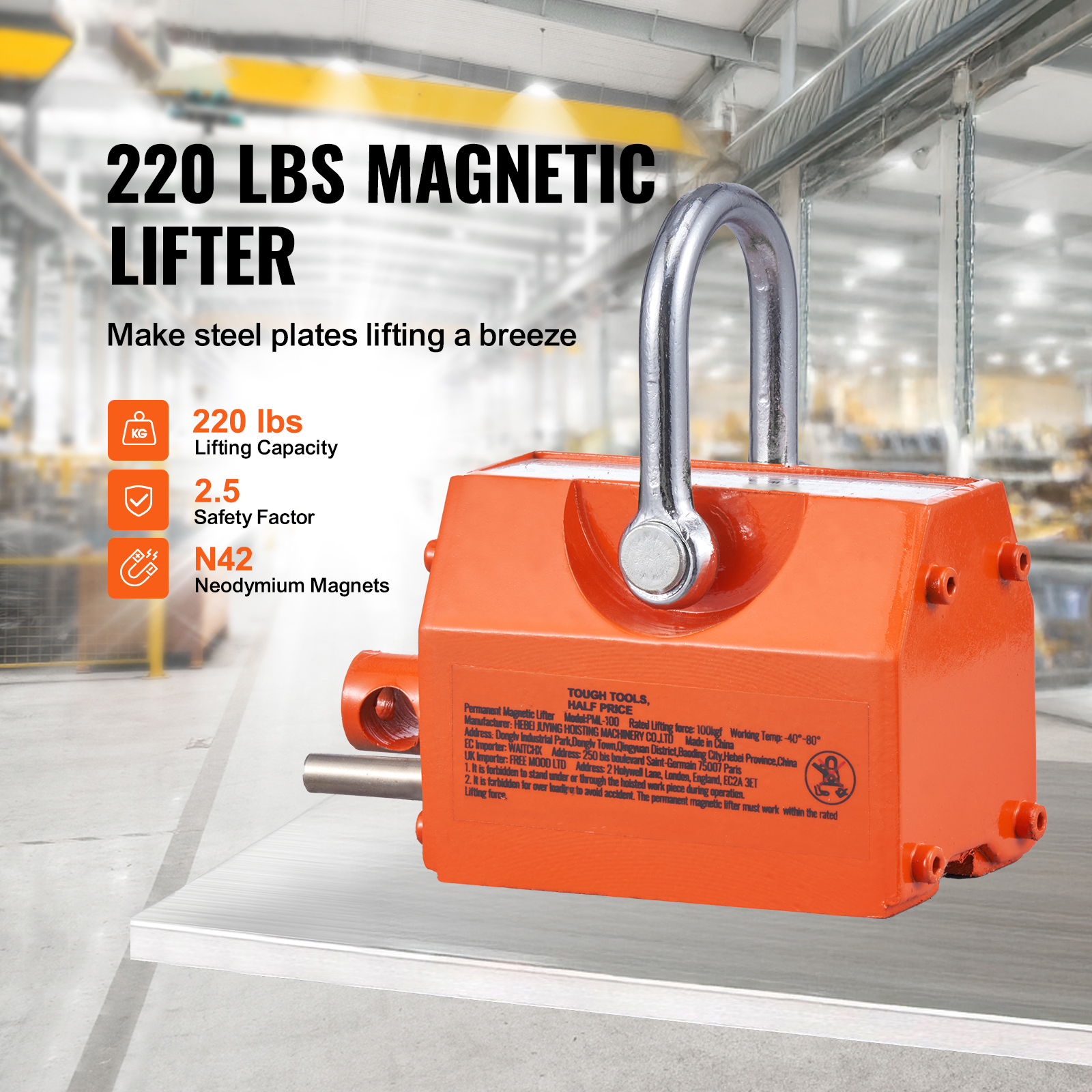 KFFKFF Magnet Lifter, 220 lbs/100 kg Load Limit, 2.5 Security Ratio, Neodymium & Steel, Release-Enabled Lifting Magnet, Constant Lift Magnets, Robust Magnet for Hoist, Workshop Crane, Block, Board