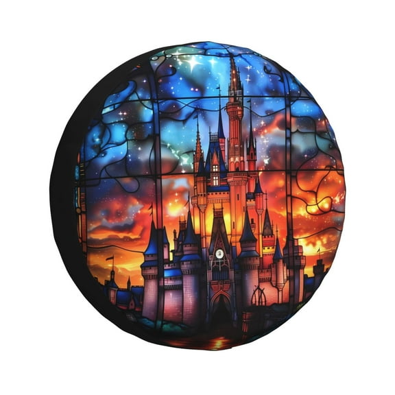 Fuzoiu Magical Stained Glass Castle Print Universal Spare Tire Cover with Buckle Strap, Waterproof Wheel Covers for Jeep, Trailer, RV, Truck and All Car-14 inch