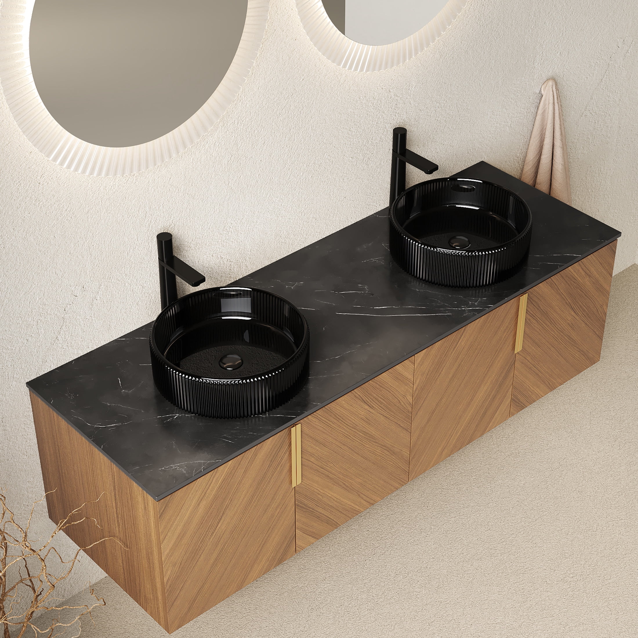 Noble House ARAI 60" Floating Double Bathroom Vanity, Sintered Stone Top Cabinet with Dual Black Glass Sink, Oak