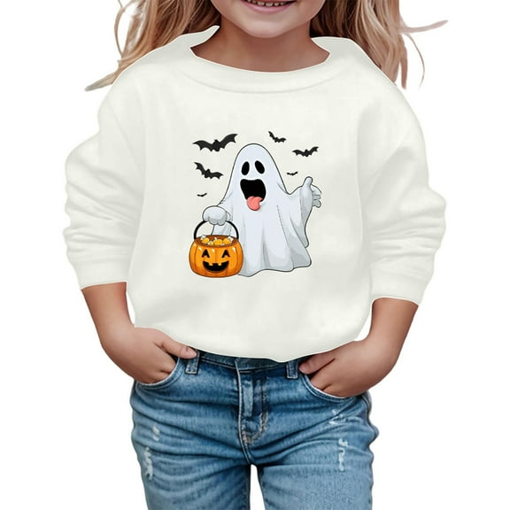 Wuxian Boys Girls Halloween Sweatshirt Pullover Funny Ghost Pumpkin Graphic Print Top Shirt Crewneck Long Sleeve Casual Loose Tops,White,11-12 Years