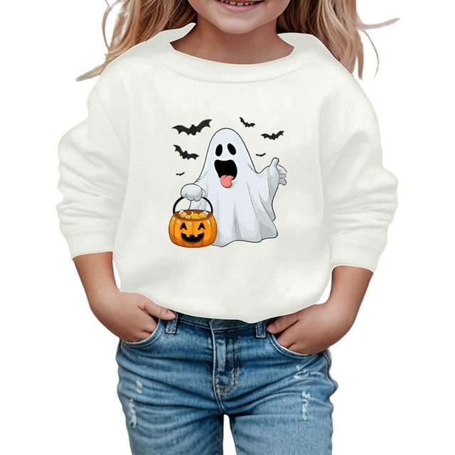 Chandail d'Halloween pour Filles à Imprimé Mignon, Manches Longues, Col Rond, Chandail Décontracté pour Enfants, Haut pour l'Automne et l'Hiver, Sortie Scolaire, Confortable, Doux, Mélange