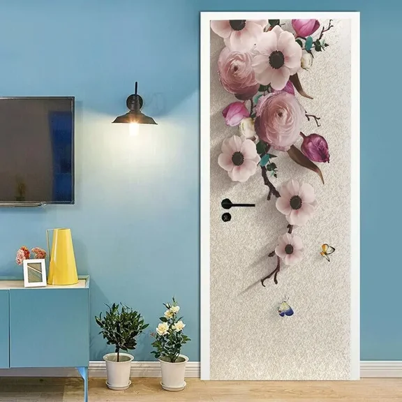 D Flowers Door Stickers Wallpaper Colorful Floral Leaves Doors Murals Removable Oil Painting Art Sty