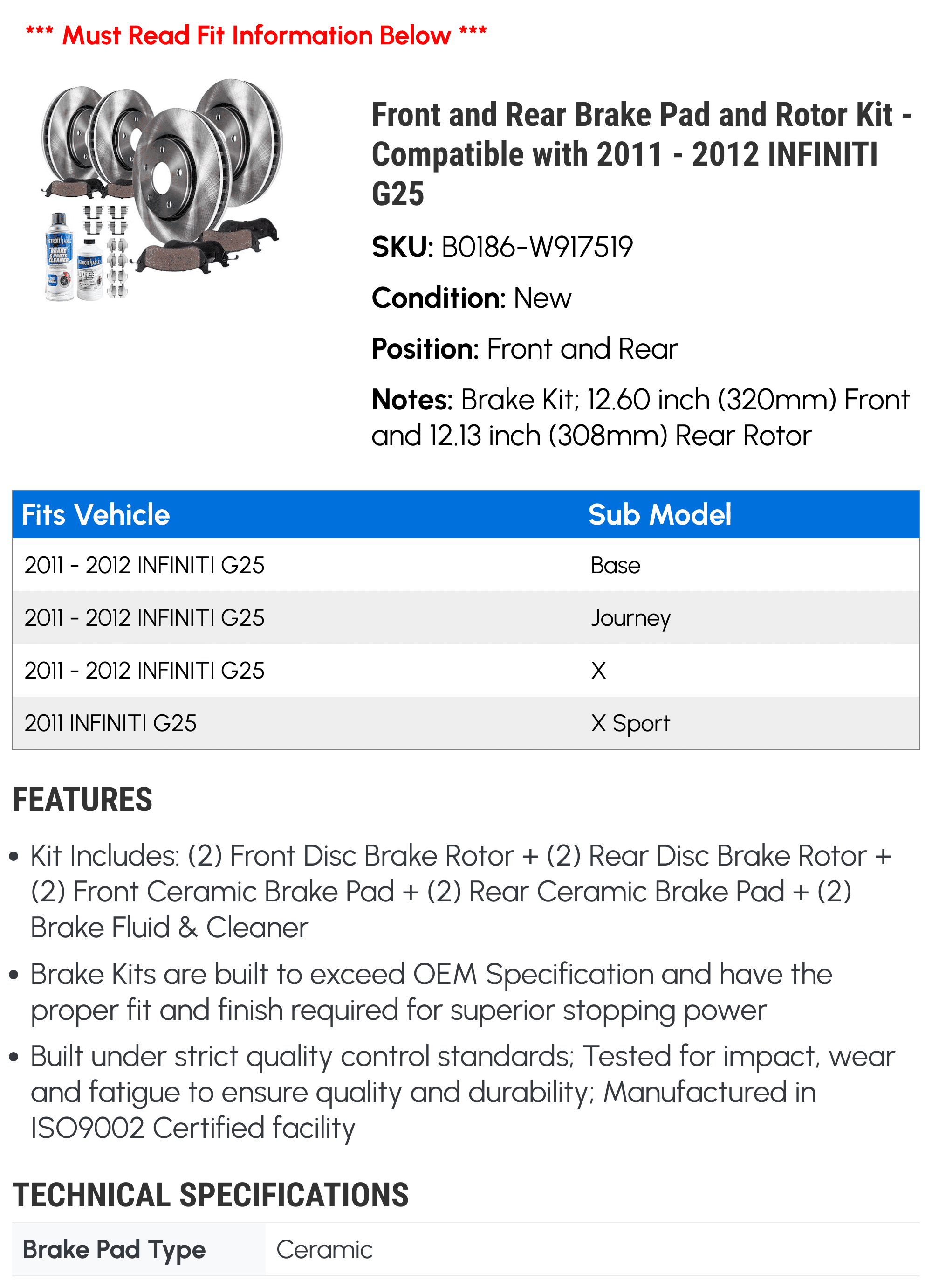 Front and Rear Brake Pad and Rotor Kit - Compatible with 2011 - 2012 INFINITI G25