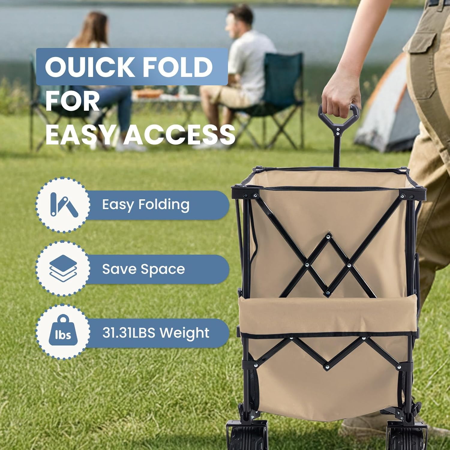 Double Decker Folding Wagon, 440lbs Heavy Duty 2 Tier Utility Cart with 320L Capacity, Collapsible Wagon with All-Terrain Wheels & Brakes for Camping, Beach, Fishing, Grocery, Gray