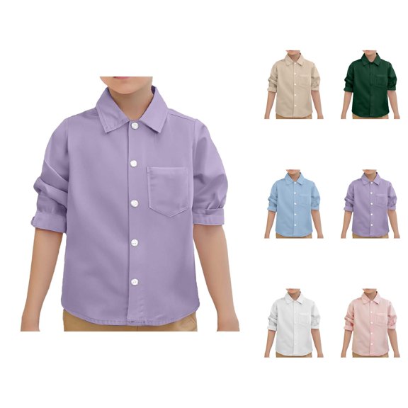 Kids Dress Shirt Long Sleeve Button Down Lapel Collar School Uniform Spring Shirts with Chest Pocket 1-9 Years