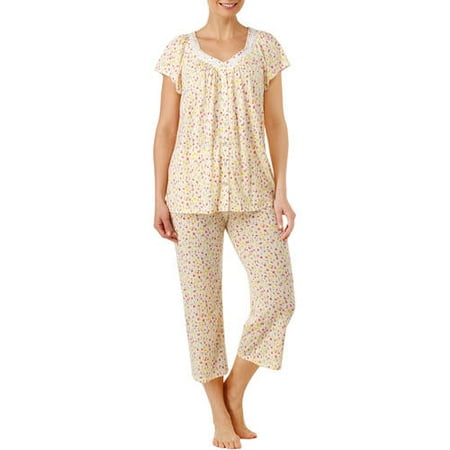 Women's and Women's Plus Traditional Pajama Short Sleeve Sweetheart Neck Top and Capri Pant 2 Piece Sleepwear Set