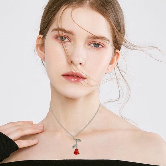 Dvkptbk Rose Pendant Necklace Three-Dimensional Oil Drop Red Rose Pendant Necklace for Women Jewelry