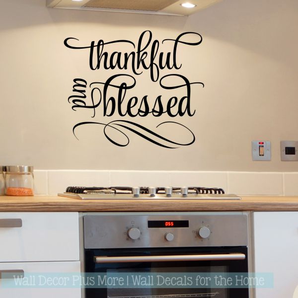 Kitchen Wall Art Decal Thankful Blessed Cursive Word Quote Swirls Wall Stickers 28x23-Inch Black