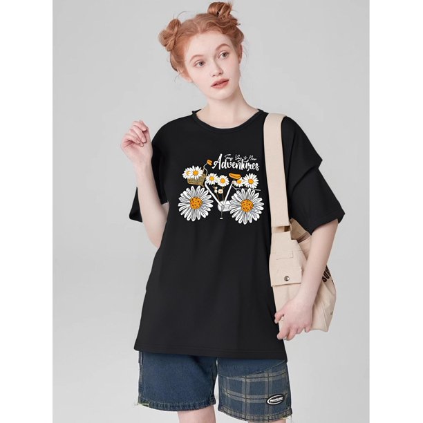 Flower Graphic Round Neck Sports Top, Short Sleeves Running T-shirt Top, Women's Activewear graphicFCamisetas para mujer, lindas camisetas con estampado gráfico, de manga corta, estilo casual, para ve