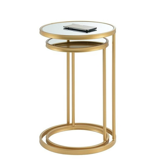 ViscoLogic Roven Glass Mirror Metal Frame Mid-Century Nested End Table Living Room Side Table (Gold Color)