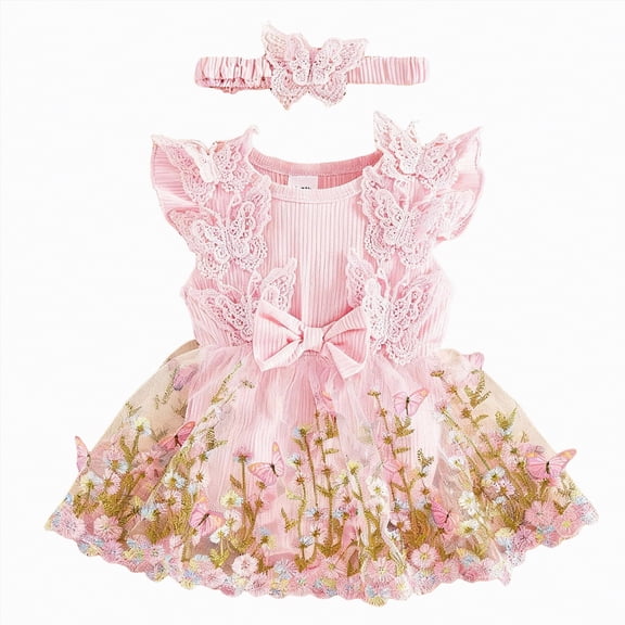 OYXSER Infant Baby Girl Clothes Floral Summer Outfits Floral Girl Clothes with Headband Cute Romper Dress Set, Pink 3-6M