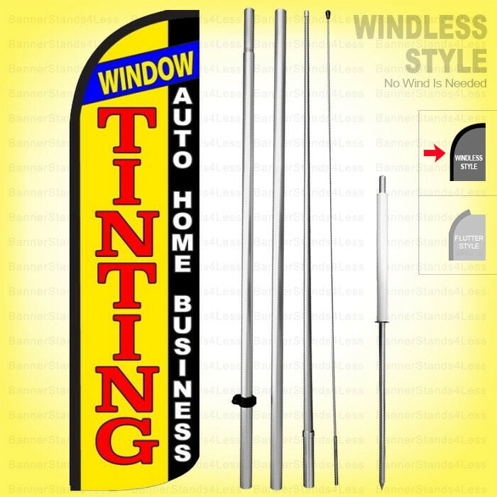 Four Full Sleeve Swooper Flags w/ Poles & Spikes AUTO TINTING Blue Yellow Red