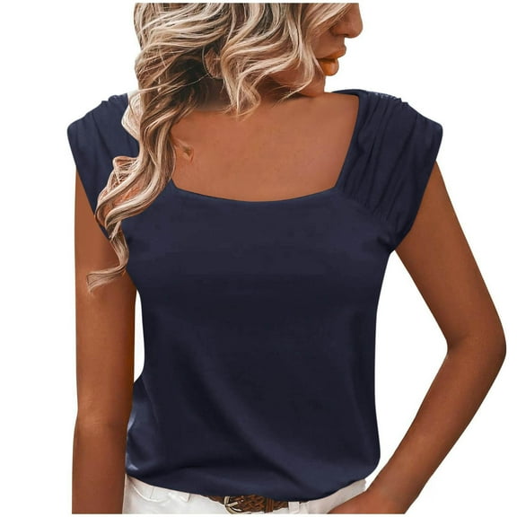 Timegard Tops for Women Square Neck Cap Sleeve Ruched Slim Fitting Comfy Causal Solid Color Tops Tee