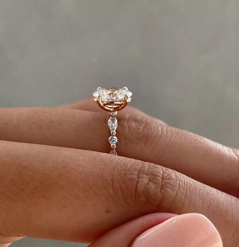 solitaire jewels 1.5CT Oval Moissanite Hidden Halo Engagement Ring For Women, 18K Rose Gold