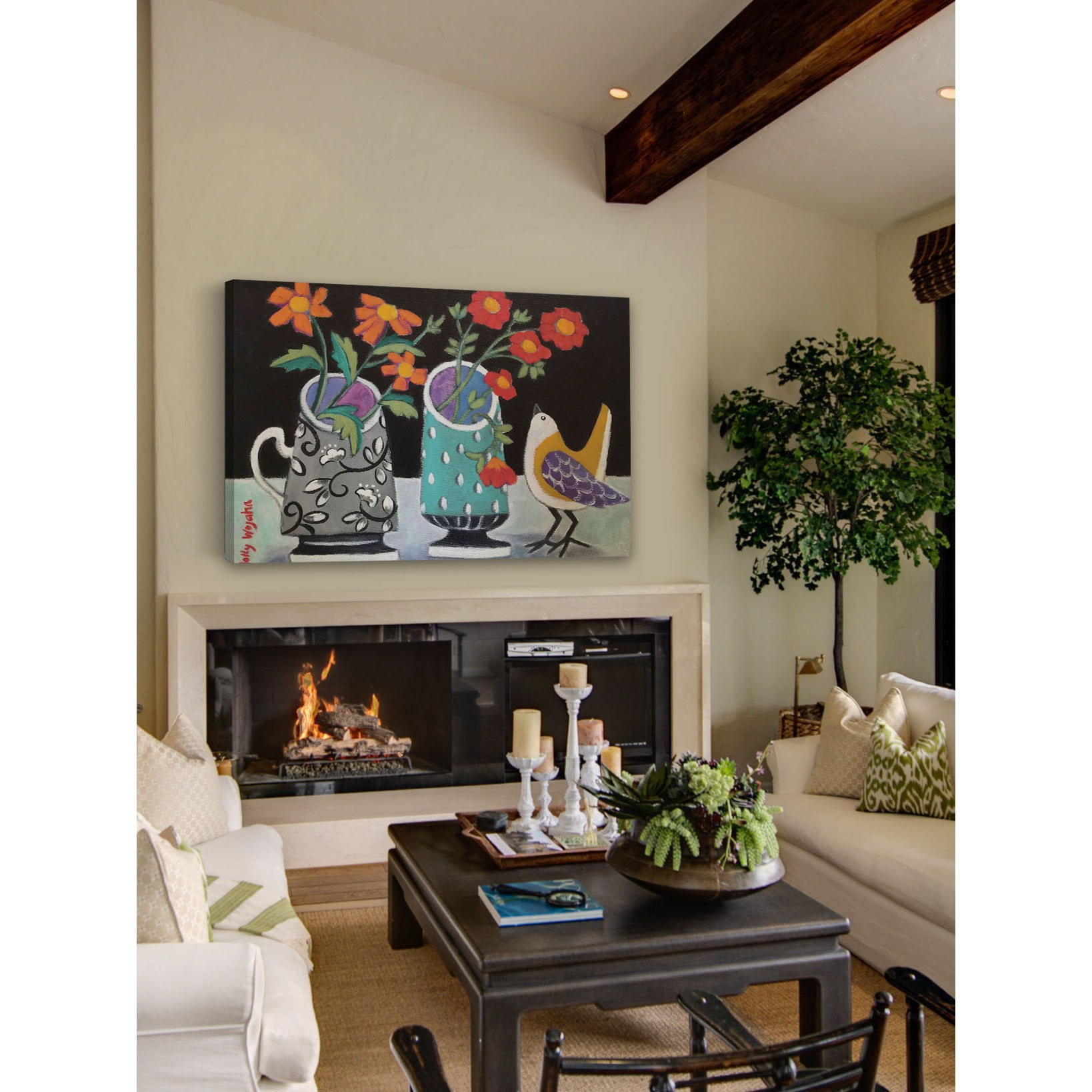 Marmont Hill "Two Cheery Vases and a Chirp" Painting Print on Canvas