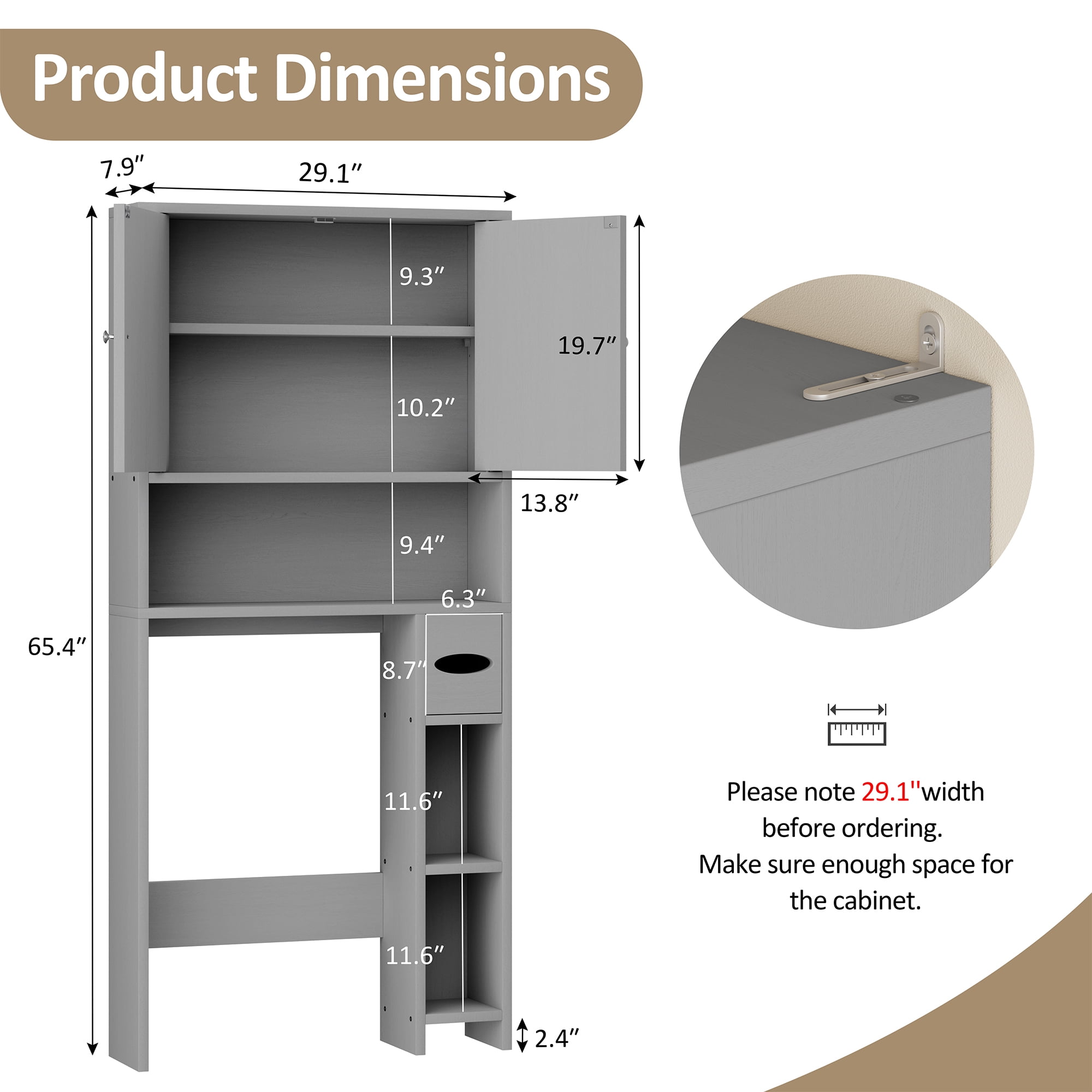 Walsunny Over the Toilet Storage Cabinet with Doors Side Storage Toilet Paper Holder Stand Space Saver Shelf Organizer Rack Freestanding for Restroom Bathroom Laundry Gray