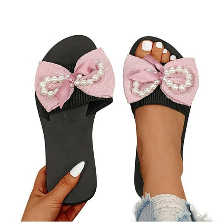 

Fanxing Women s Wide Width Slip On Flat Sandals Open Toe Casual Slippers Cute Bow Pearl Strappy Sandal Summer Walking Shoes