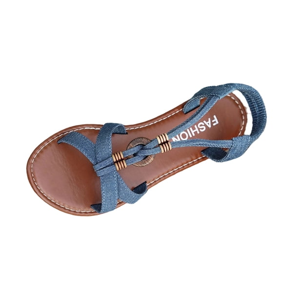 CIENVNSTG Jean Sandals For Women Blue Jean Sandals Trendy Denim Knotted Wood Disc T-Strap Summer Flat Sandals Blue 36