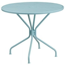 35" Round Sky Blue Metal Patio Table with Umbrella Hole For Indoor or Outdoor Use.