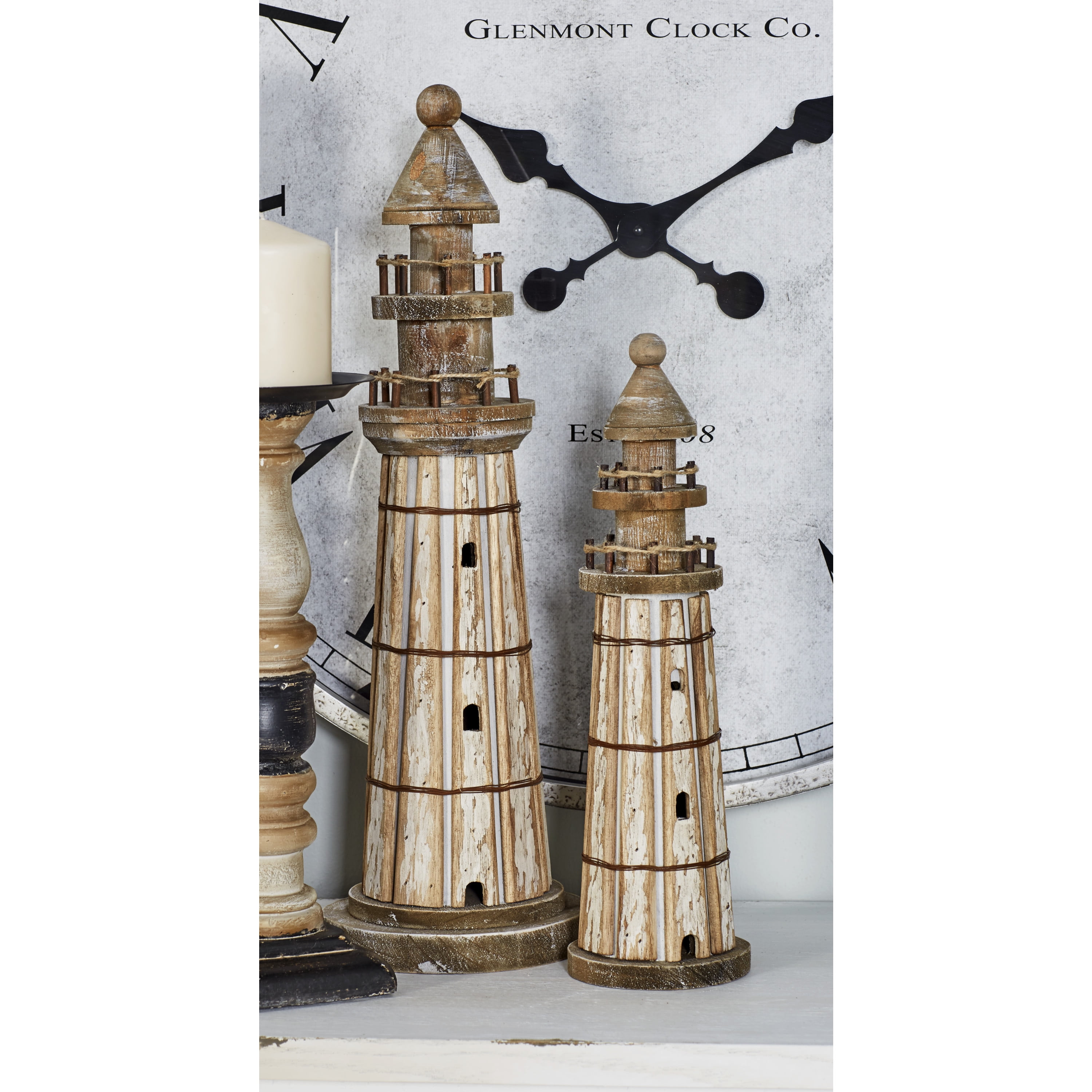20", 14"H Brown Wood Light House Sculpture, by DecMode (2 Count)