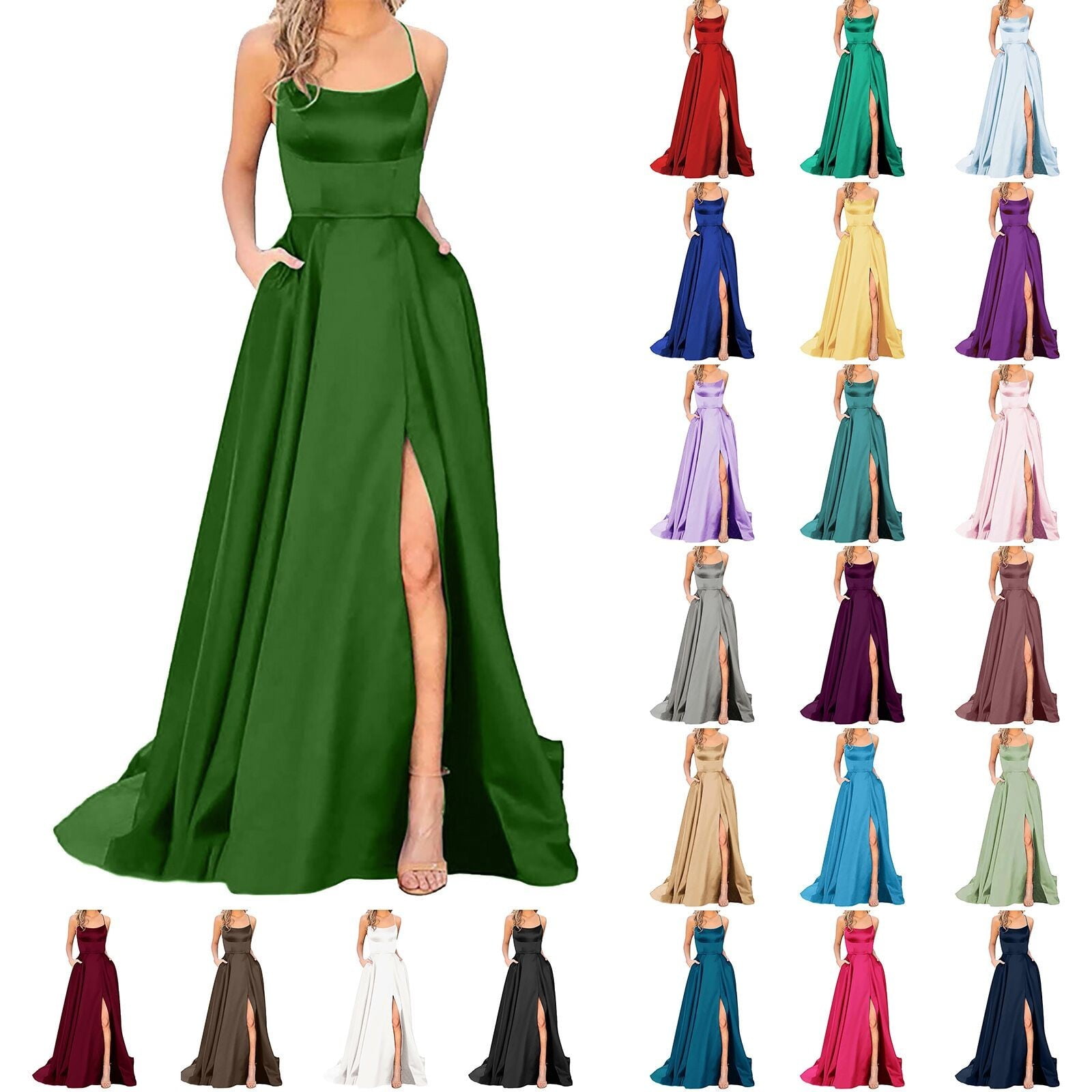 XIAOCHA Satin Gown for Women Fitted Scoop Neck Spaghetti Strap Side Slit Maxi Dress Smooth Glamorous Evening Dresses