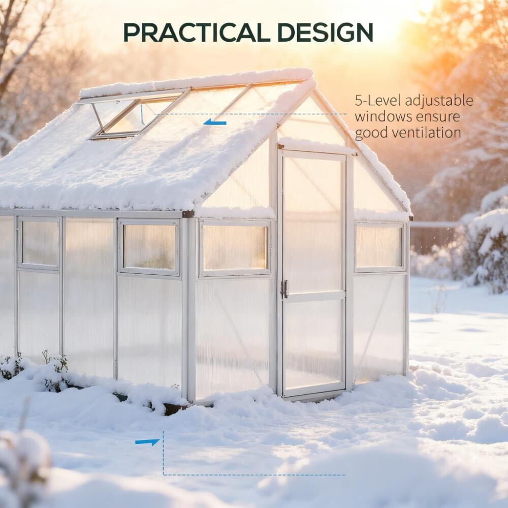6x8 FT Greenhouse, Easy Assembly Polycarbonate Greenhouses with Adjustable Roof Vent, Large Aluminum Walk-in Greenhouse with Sliding Door, Silver