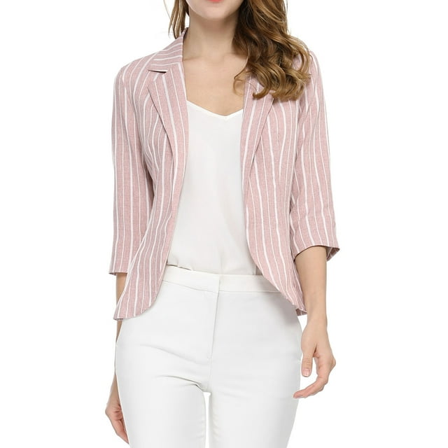 Unique Bargains Blazer Ouvert à Rayures pour Femme à Manches 3/4