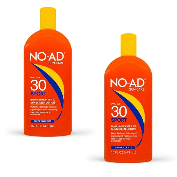 NO-AD SPF 30 SPORT Sunscreen Lotion | Hypoallergenic | Broad Spectrum UVA/UVB Protection | Water Resistant | Octinoxate & Oxybenzone Free with moisturizing Vitamin E and Aloe 16oz | Pack of 2