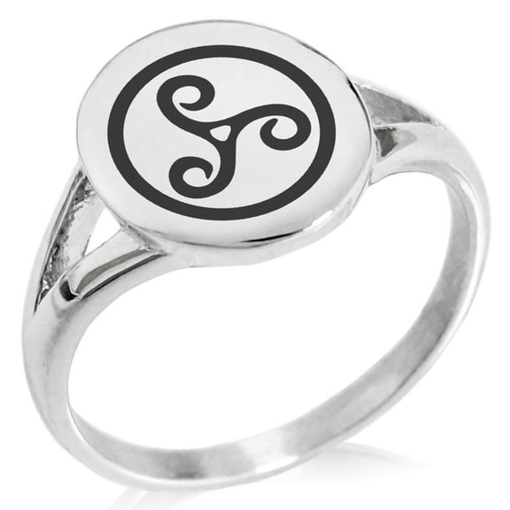 Stainless Steel Celtic Triskele Triskelion Minimalist Oval Top Polished Statement Signet Ring