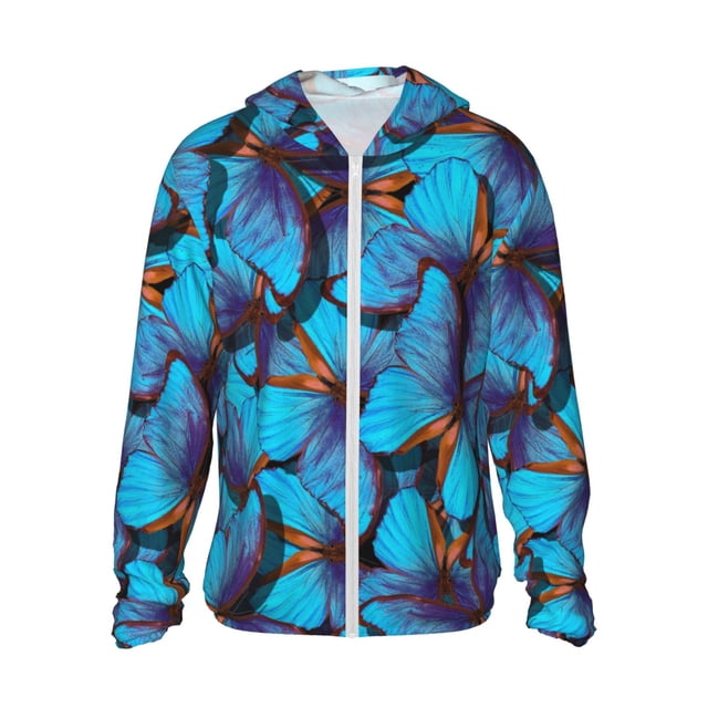 Fotbe Blue Butterflies Chaqueta con Protección Solar UPF 50+ para Hombre y Mujer, Camisa con Capucha y Bolsillos-3X-Large