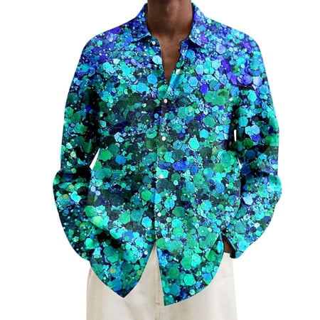 FYEGRE Mens Carnival Shirts Men s Fashion Loose Fit Casual Digital Print Lapel Long Sleeve Button Down Shirt for Comfortable Stylish Wear Mint Green XXXL