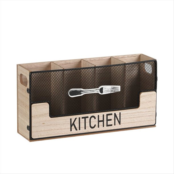 Soporte para Utensilios de Cocina de Metal Combinado con Organizador de Cubiertos de Madera, 4 Compartimentos para Cubiertos de EspáTula y Vasija, Negro