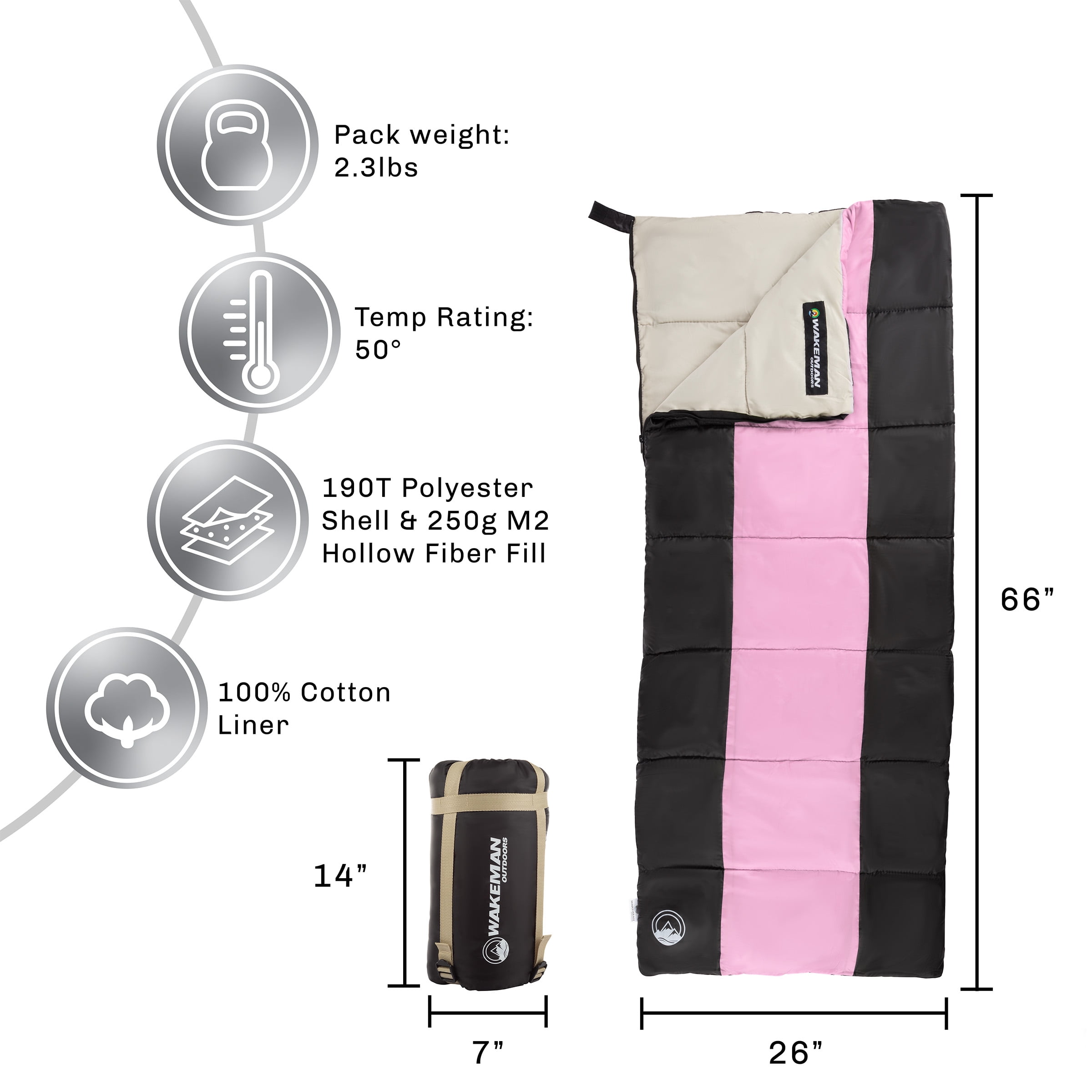 Lightweight Kids Sleeping Bag - Carrying Bag with Compression Straps Included - For Camping, Backpacking, Sleepovers by Wakeman Outdoors (Pink/Black)
