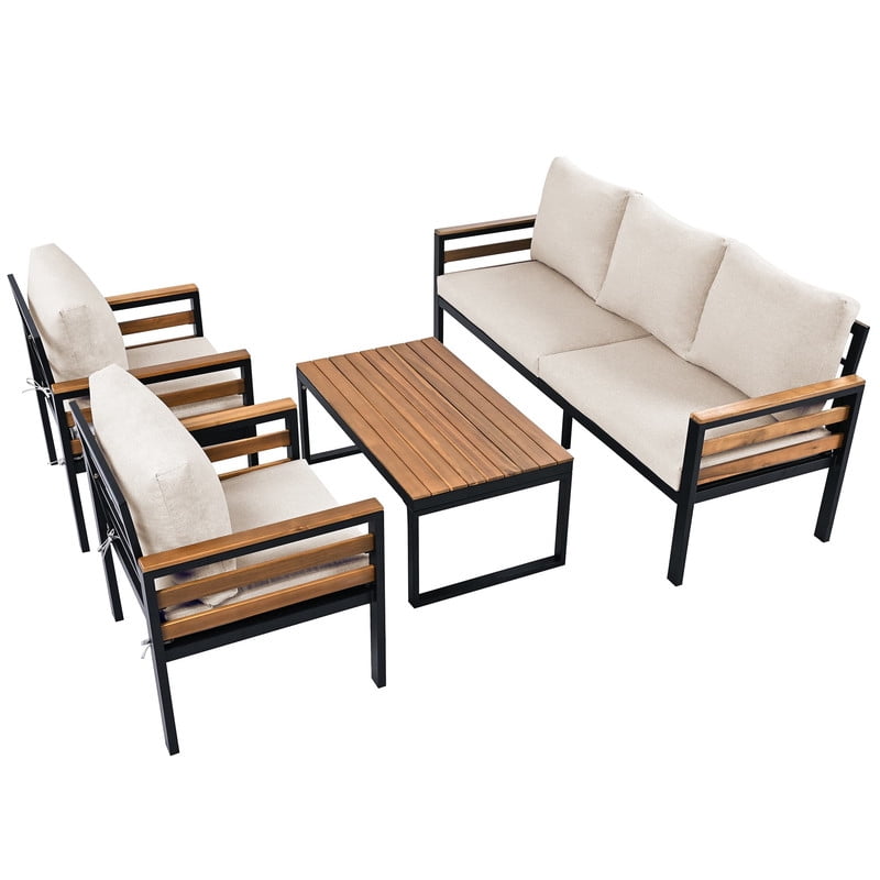 4-Piece Patio Furniture Set with Removable Cushion and Solid Wood Coffee Table, Outdoor Conversation Set with Acacia Wood Armrests & 3-Seat Sofa