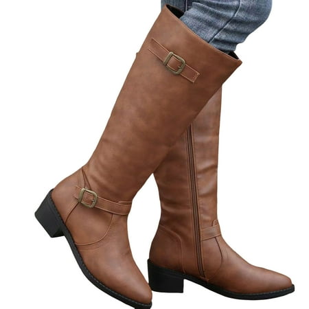 GHSOHS Cowboy Boots for Women Over The Knee Boots Shoes Black Boots British Leather Belt Buckle Decorative Side Zipper Dashion Long Tube Knee Boots Rain Boots Dress Shoes Waterproof Boots Size 37