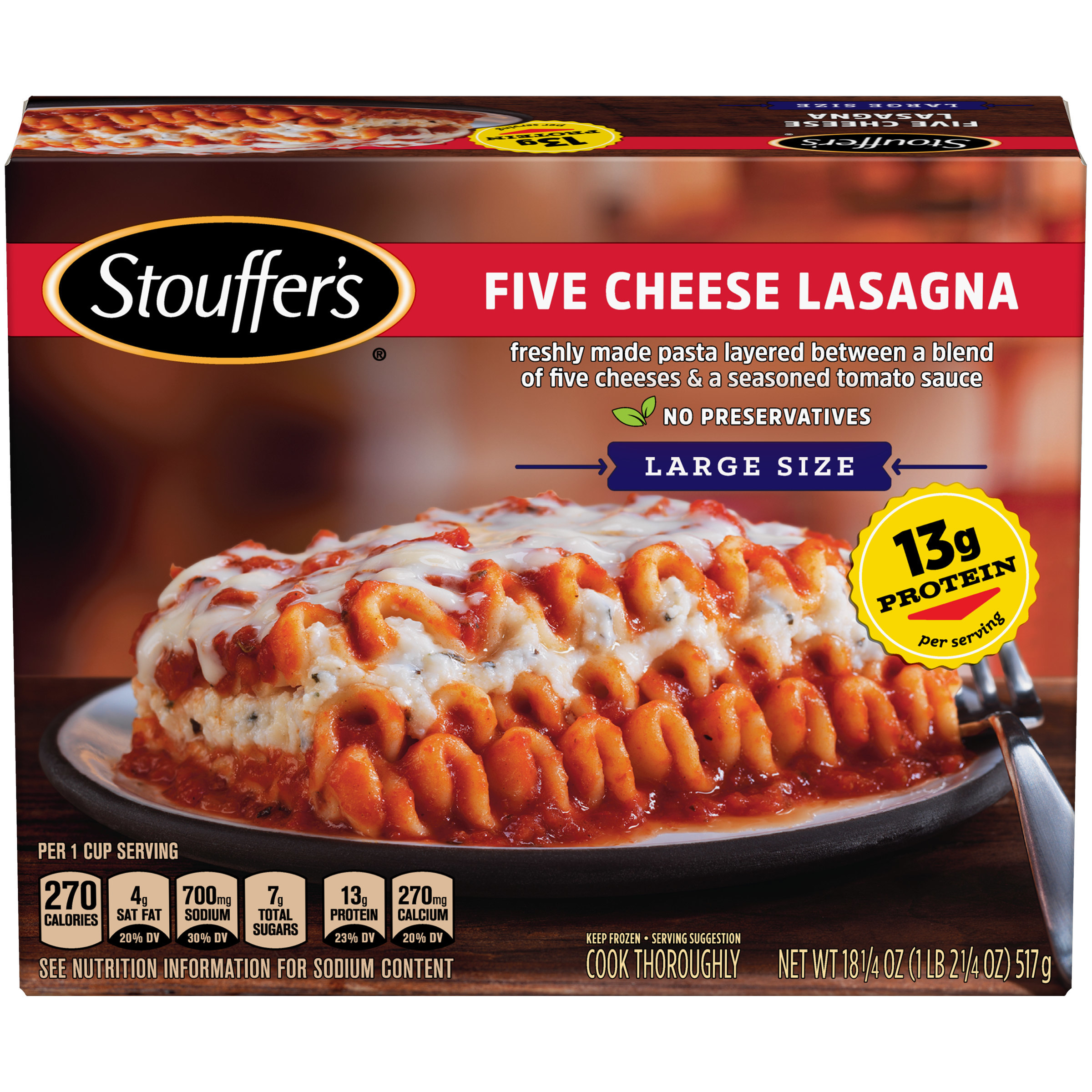 STOUFFER'S Five Cheese Lasagna, Large Size Frozen Meal