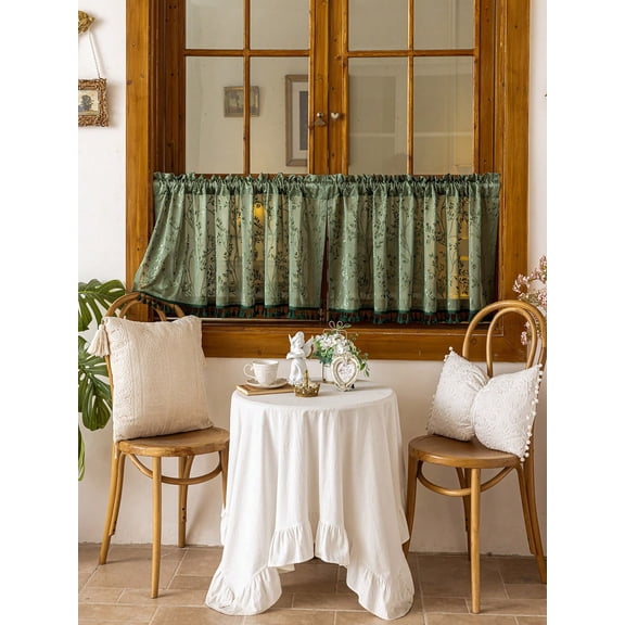 1pc Green Plaid Small Curtain Panel, Cafe Curtain with Tassel Trim & Rod Pocket, for Kitchen, Living Room, Bedroom, Cabinet 180*60