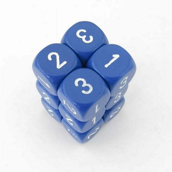 Blue Opaque Dice with White Numbers D3 (D6 1-3 Twice) 16mm (5/8in) Pack of 12 Wondertrail
