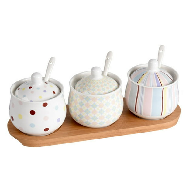 Small Sugar Bowl With Lid And Spoon Set Of 3, Ceramic Flour And Sugar