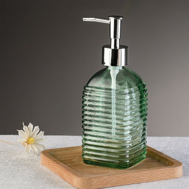Botella de Jabón Líquido de Vidrio con Rayas Horizontales Verdes | Dispensador de Champú de Presión 350 Ml | Decoración para Baño y Cocina | Tamaño: 19 X 7 Cm | Recargable y Resistente | 1 Unidad