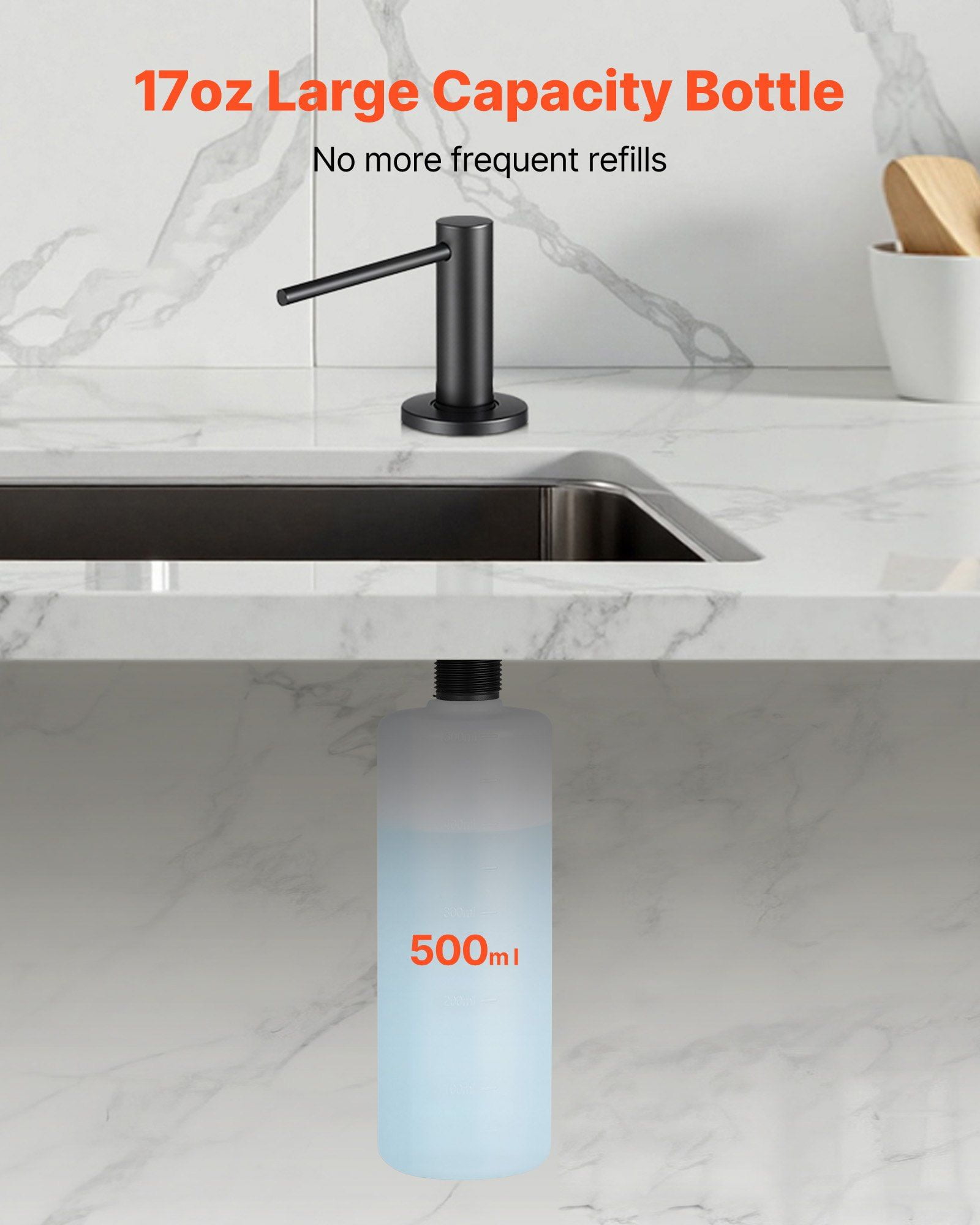 Professional Grade Built-in Sink Soap Dispenser, 17oz, 304 Stainless Steel, Durable and Corrosion Resistant